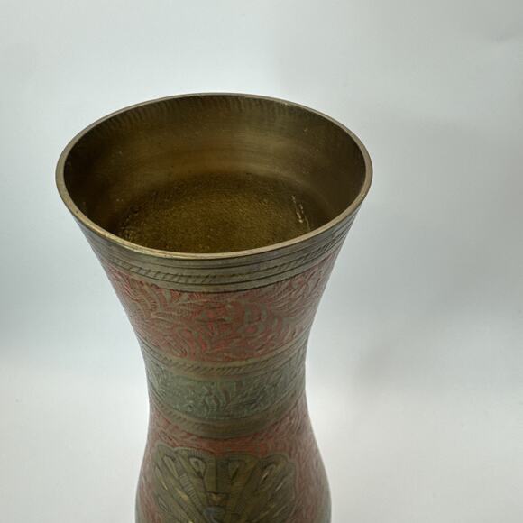 Vintage Solid Brass Vase Etched floral Peacock Pattern 10" - Picture 6 of 8